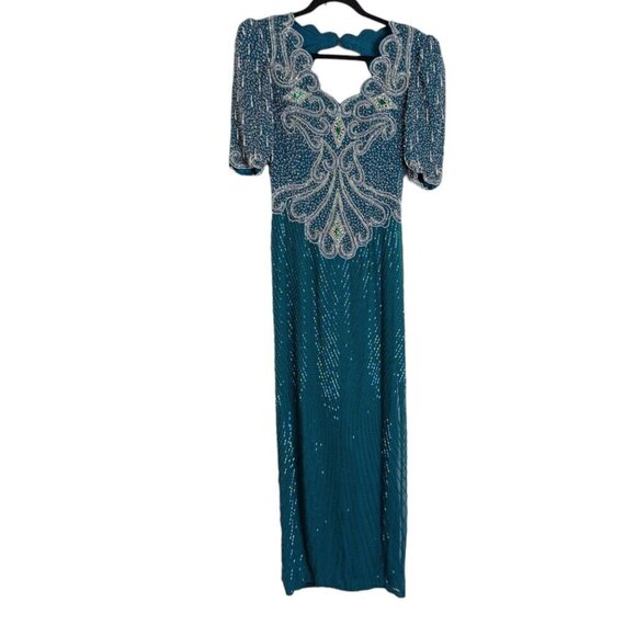 VTG Landa Teal Green Blue Silk Beaded Keyhole Back Maxi Dress Formal Glam - Picture 2 of 10